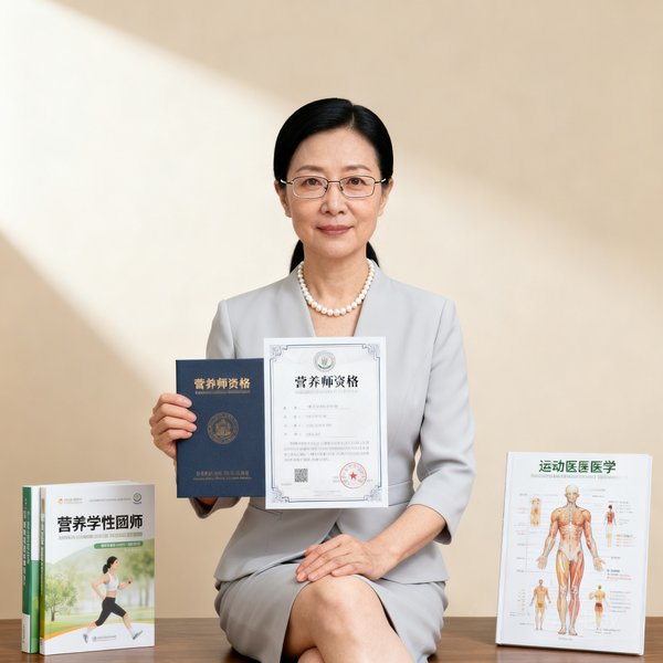 陈悦博士——首席健康科学官，45岁，营养学与运动医学双博士，曾在三甲医院临床营养科工作8年，佩戴眼镜的女性专业肖像。